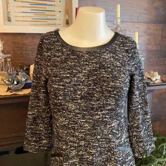 Marled Tweed A-Line Dress black with faux leather trim size 2P - Picture 3 of 14